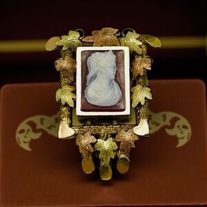 Victorian Sardonyx Cameo Mourning Brooch Tri Color Rolled Gold Foliage Hearts